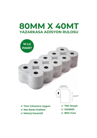 80x40 Termal Rulo Yazarkasa Adisyon Rulosu 1 Paket 10 Adet Tse Belgeli Bpa Free