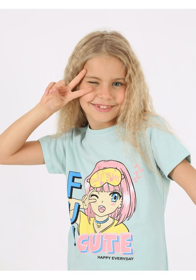 Kız Çocuk Kısa Kollu %100 Pamuklu Fun Cute Pijama Takımı Mint