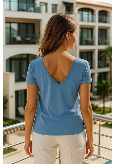 Kadın Mavi Viskon Ön Arka V Yakalı T-shirt Yarasa Kol Relaxed Bluz Çok Renkli