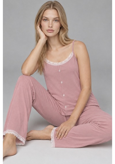 Kadın Dantelli V Yaka Pembe Pijama Takımı 4741