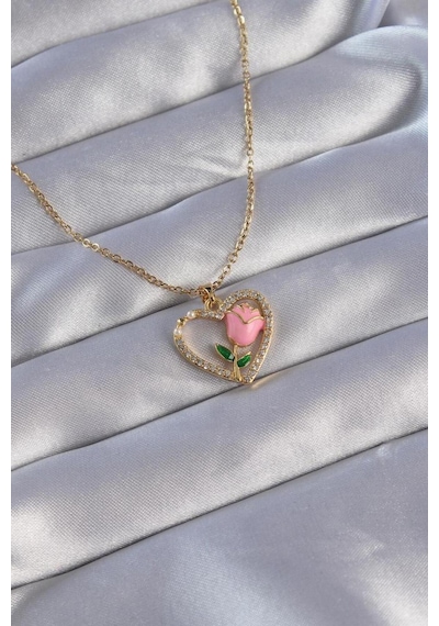 Çelik Zincirli Gold Renk Zirkon Taşlı Kalp İçinde Pembe Gül Tasarımlı Kolye Çok Renkli
