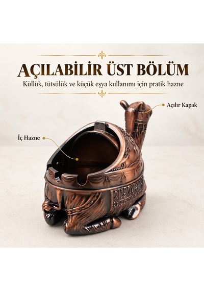 Lüks Alaşım Metal Deve Figürlü Kapaklı Dekoratif Küllük Takı Saklama Kutusu Metal Biblo 16 X10 Cm.