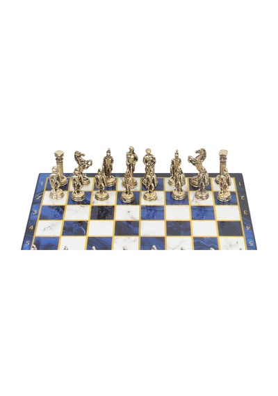 Lüks Metal Satranç Takımı Krom Kaplama Roma Ordusu Figür & Gök Mavi Mermer Desenli Tahta 20 Cm.