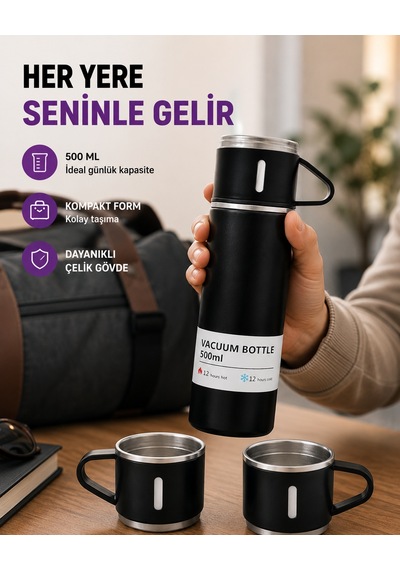 Çelik Termos Bardak Seti 500 Ml Kapasite, Kaymaz Taban, Hediye Kutulu - Lisinya Siyah