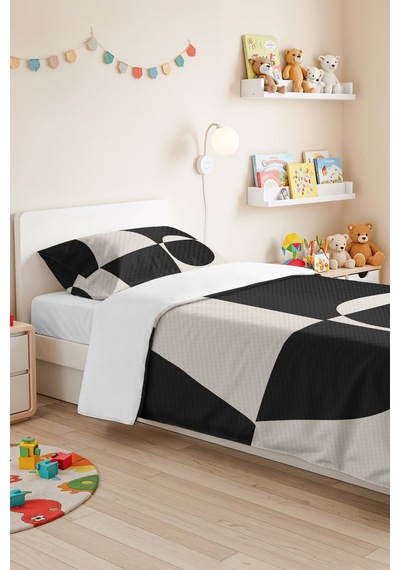 Siyah Geometrik Modern Tek Kişilik Pike Takımı - Beyaz Minimal 160x220 Cm Mevsimlik Yatak Örtüsü Ahenkli Güneş Tonu
