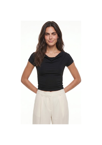 Onloox Kadın Siyah Siyah Esnek Kumaş Degaje Yaka Kısa Kollu Vücuda Oturan Yanı Drape Detaylı Crop Bluz