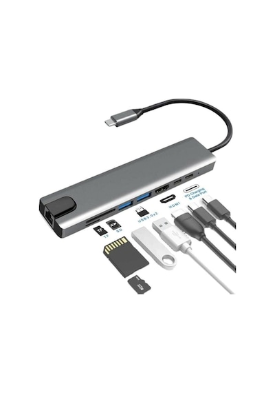 Apple Uyumlu MacBook Pro Air Usb Type-C Hub Dönüştürücü Çevirici Çoklayıcı 8