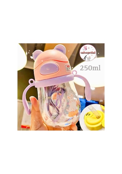250ml Ayıcık Figürlü Pipeti Suluk Bebek Matara Askılı Sevimli Su Şişesi Bebek Pipetli Biberon Matara Pembe