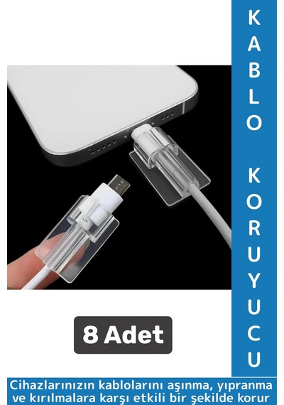 Premium Telefon Şarj Kablosu Aşınma Yıpranma Kırılma Önleyici Şeffaf Silikon Kablo Koruyucu 8 Adet