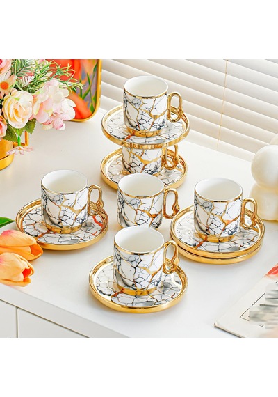 Valkyrie 12 Parça 6 Kişilik 80 Ml Türk Kahvesi Fincan Takımı Gold Mermer Desenli