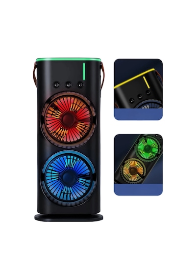 Hubrendy Tekno Usb Şarjlı Çift Başlıklı Buharlı Masaüstü Fan Sessiz Serinletici Işıklı Fan