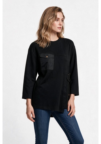 Scl Kadın Bisiklet Yaka Cepli Asimetrik Tasarım Uzun Kollu Sweatshirt Siyah