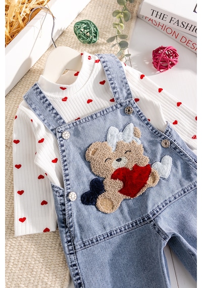 Babymod Ayıcık Figürlü Denim 2'li Kız Bebek Kot Salopet Tulum Mavi