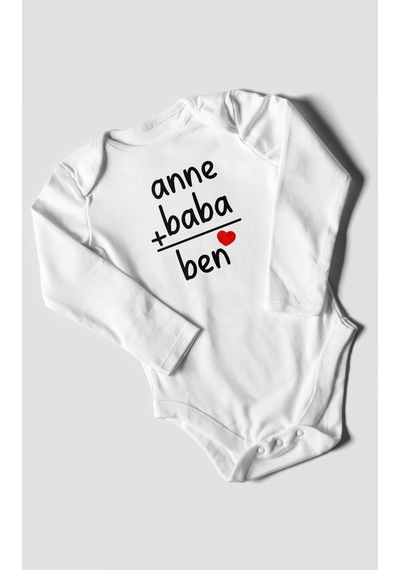 Anne Baba Ve Ben Baskılı Bebek Zıbını Çıtçıtlı Body %100 Pamuk Uzun Kol Beyaz