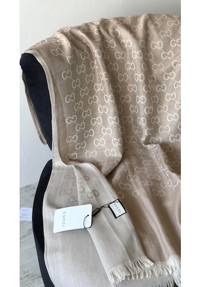 Miorel Scarfs İnce Kumaş G Desen Pamuklu Şal Yün İpek Şal 4 Mevsim Çift Taraflı Bej
