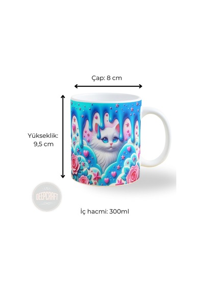 Deepcraft Best Quality 3d Görünümlü Mavi Kedi Kupa Yılbaşı,sevgililer Günü, Hediyelik Kupa 300ml