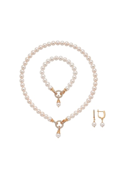 Halka Kilitli Doğal İnci Küpe Kolye Bileklik Üçlü Set 40 Cm / Rose Gümüş