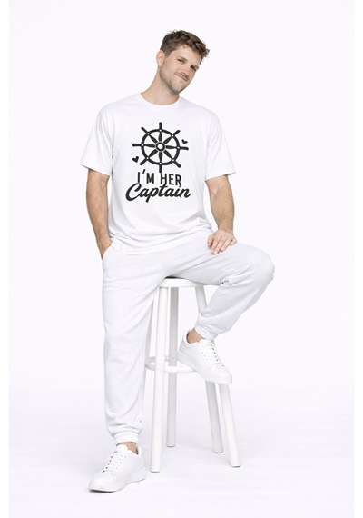 Sevgili Kombini Oversize Çift Tişört Unisex Captain Anchor Baskıl Beyaz