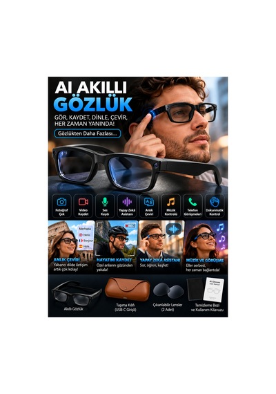 Ultra Aı Akıllı Gözlük 8mp Kamera, 1080p Full Hd Video, Bluetooth, Yapay Zekâ Asistanı Ve Anlık Çeviri Siyah