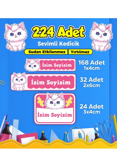 Sevimli Kedi Temalı Okul Kreş Kişiye Özel İsim Etiket Seti - Model 373 Çok Renkli