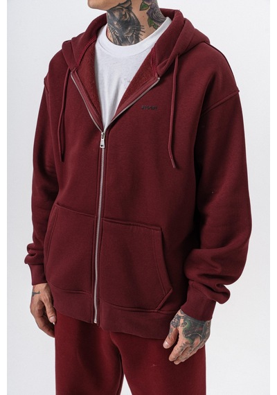 Erkek Respire Yazı Detaylı Kapüşonlu Basic Zip Oversize Hoodie Bordo