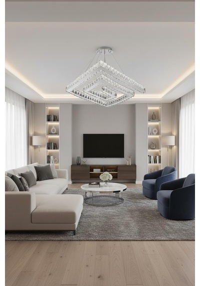 Lotus Kristal Taşlı Ledli Krom Avize
