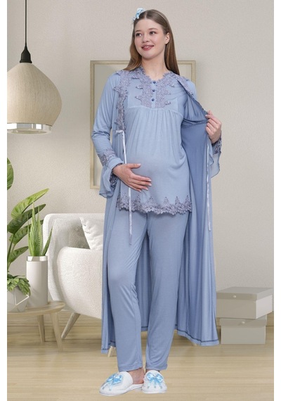Mecit Pijama Mecit 1517 Mavi Sabahlıklı Lohusa Pijama Takımı