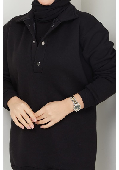 Esilanur Çıkarılabilir Kapüşonlu 3 İplik Şardonlu Sweatshirt Siyah