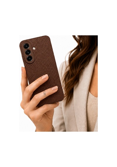 Samsung Galaxy A27 Uyumlu Deri Dokulu Silikon Telefon Kılıfı Ve Şeffaf Temperli Cam Ekran Koruyucu Kahverengi