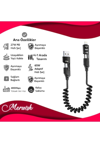 4 Ü 1 Arada 65w Yaylı Hızlı Şarj Kablosu Type-c & Lightning Pd Destekli, Dolaşmaz Spiral Ta Standart