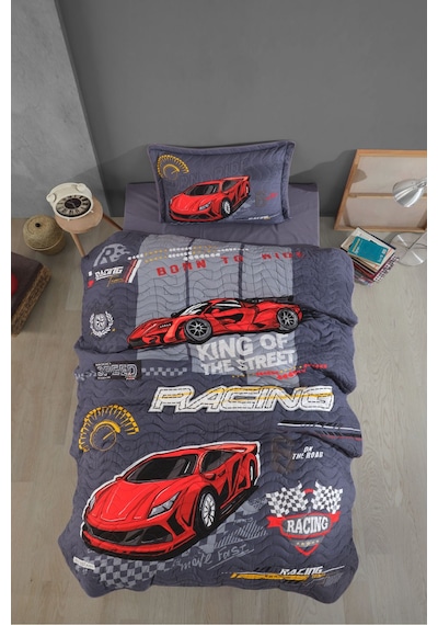 Clasy Ranforce %100 Pamuk Tek Kişilik Yatak Örtüsü Seti Racing Team V1 Mavi
