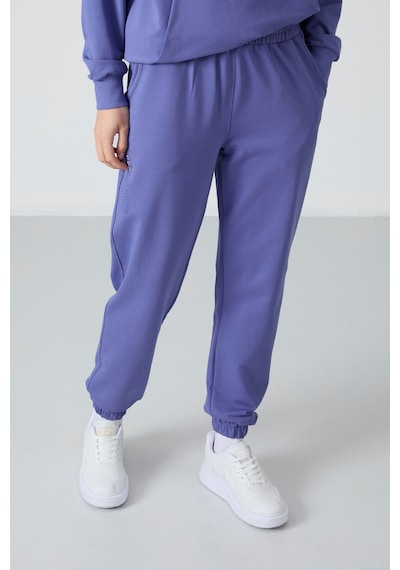 Tommy Life Eflatun Kapüşonlu Kanguru Cep Oversize Lastik Paça Kadın Eşofman Takımı - 95288 Mor