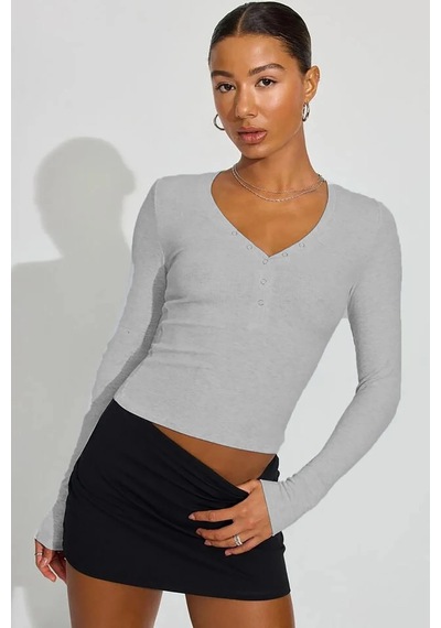 Madmext Gri V Yaka Uzun Kollu Düğme Detaylı Kaşkorse Bodysuit Mg2194 Gri