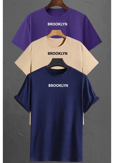 Brooklyn Baskılı Unisex Oversize 3'lü T-shirt Paketi Mor