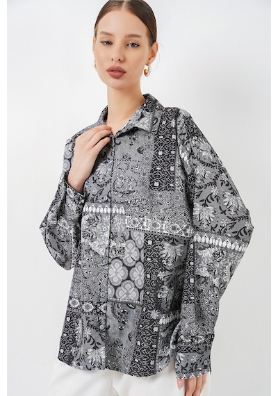 Bigdart Kadın Oversize Desenli Saten Gömlek 20365 - Antrasit