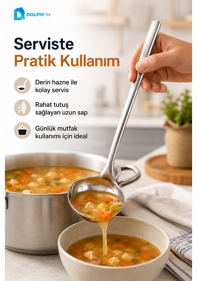 28 Cm Paslanmaz Çelik Çorba Kepçesi Derin Hazneli Uzun Saplı Servis Kepçesi