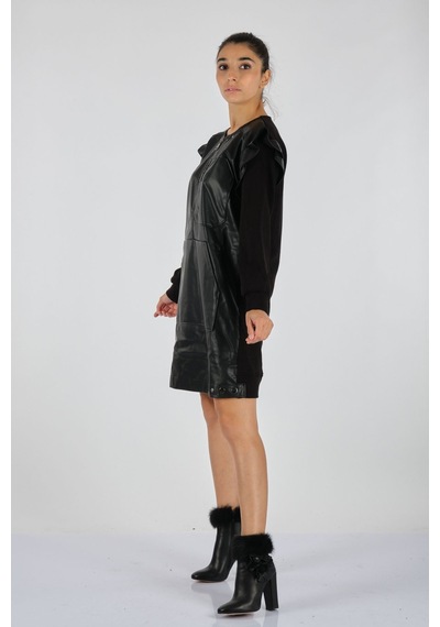 Unique Mode Minimalist Uzun Kol Midi Deri Elbise - Günlük Şıklık Siyah