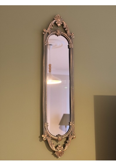 Uzun Oval Dekoratif Duvar Aynası Haki Yeşil & Eskitme Altın Varaklı 80x20 Cm Naturel