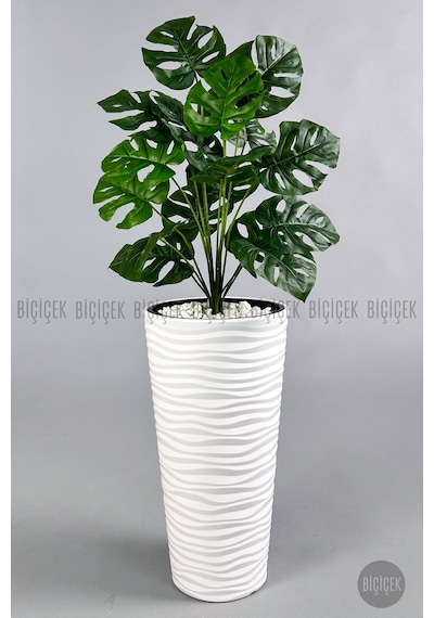 Biçiçek Yapay Monstera Deve Tabani Bi̇tki̇si̇ 130 Cm Beyaz Kumsal Saksıda