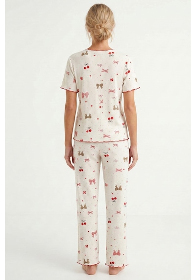 Siyah İnci Yumuşak Tuşe Yazlık Fitilli Pamuklu Örme Pijama Takım 7994 Leopar Fiyonk