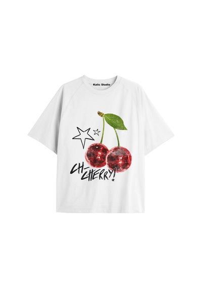 Kalic Studio Y2k Vintage Cherry Baskılı Siyah T-shirt Kod 42 Beyaz-42