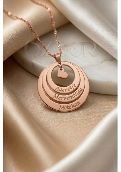 925 Ayar Gümüş 3 İsimli Kalpli Halka Kolye Rose Gold