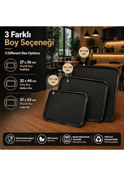 6 Adet Abs Servis Tepsisi Kaymaz Yüzeyli 32x44 Cm Siyah Renk Endüstriyel Kullanıma Uygun, Kırılmaz, Bpa Free 7 Renk Seçenekli