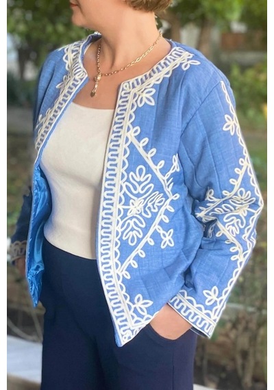 Mia Butik Kadın Mavi Bordur Nakışlı Astarlı Ceket Mavi