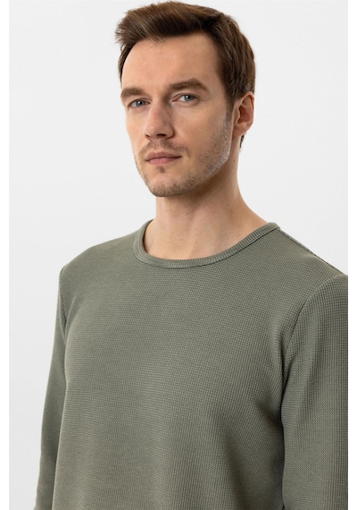 Süvari Yeşil Slim Fit Armürlü Bisiklet Yaka Triko Kazak