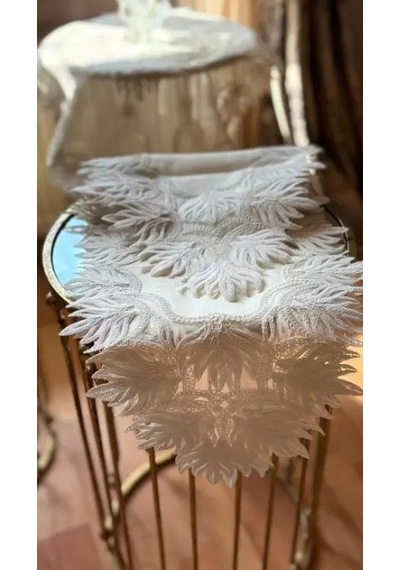 Salon Takımı 5 Parça Dantelli Keten Masa Örtüsü Runner Seti Çeyizlik Samina Model No 85693 Krem Çok Renkli