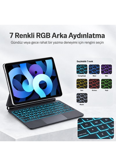 Bix Ik07 Manyetik Bluetooth Klavyeli İpad Kılıfı Çoklu Dokunmatik Yüzeyli 7 Renk Aydınlatmalı İnce Tasarım İpad 10. Nesil Ve İpad 11 A16 Uyumlu Gümüş