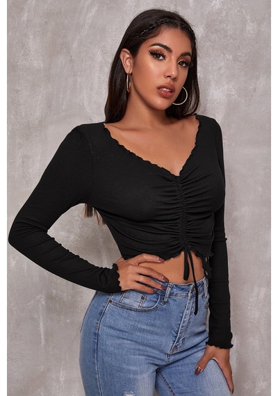 Epilons Zenvial Kadın Siyah Uzun Kollu Büzdürme Bağcık Detaylı Crop Top Bluz Zenviall2