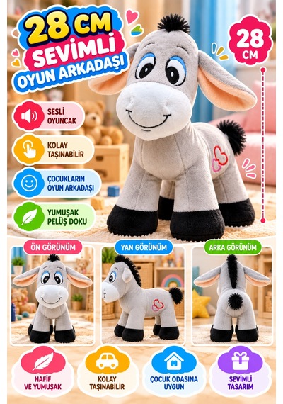 Karma Peluş Eşek Sesli Oyuncak 28 Cm Yumuşak Dolgulu Sevimli Çocuk Oyun Arkadaşı Peluş Oyuncak Model Gri