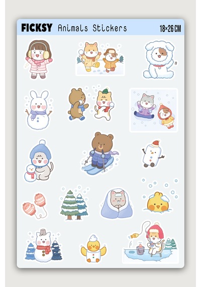 Kawaii Stili Sevimli Hayvanlar Kış Temalı Sticker Seti - 65 Adet Etiket Çıkartma Diğer